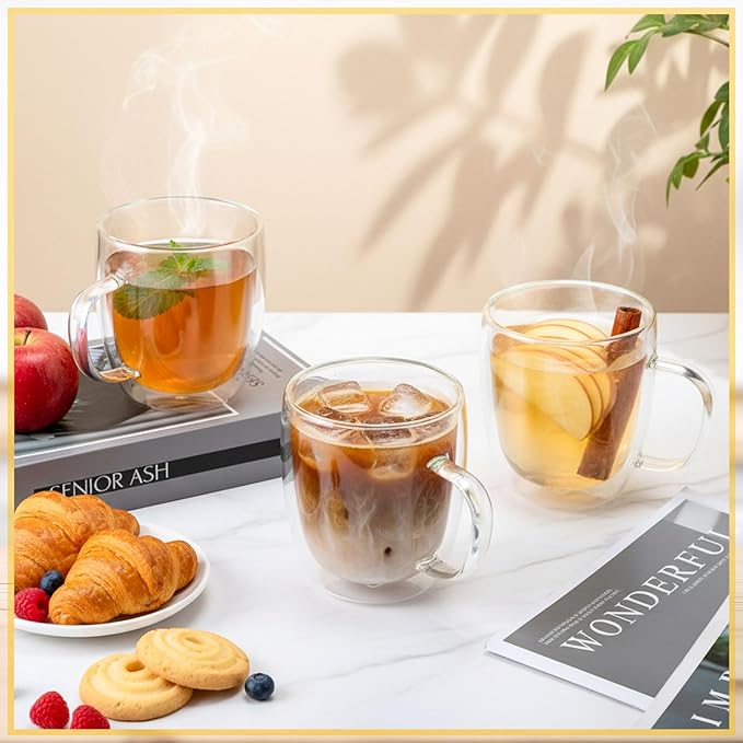 Patelai 6 Pcs 16oz Clear Glass Coffee Mugs Double Walled Coffee Cups Glasses Insulated Latte Mugs with Handle Espresso Clear Cups for Cappuccino Tea, Heat Resistant Glasses