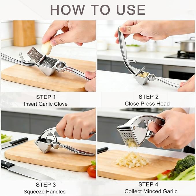 2-Pack Heavy Duty Garlic Press, Hingeless Zinc Alloy Garlic Crusher & Mincer, Ergonomic, Easy to Clean and Dishwasher Safe