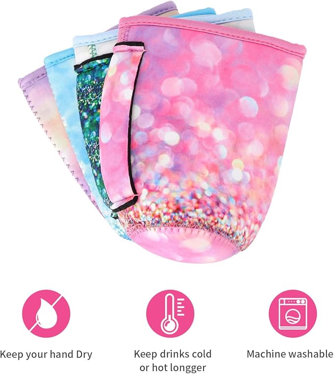 4Pack Reusable Iced Coffee Sleeve Insulator Sleeves for Cold Drinks Beverages, Neoprene Cup Holder for Most Coffee, Fits 22-24oz Medium Cups (Glitter with handle)