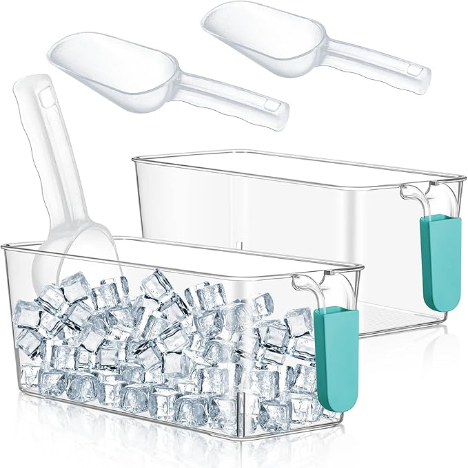 Havawish Ice Storage Bin and Flexible Scoop Set Plastic Freezer Bin with Pull Out Handle Storage Bucket Clear for Container with Scoop(Blue,10.83 x 4.92 x 4.33 in,Classic)