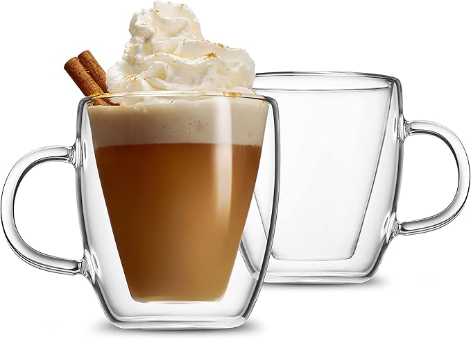 Godinger Coffee Mug Set, Glass Coffee Mugs, Double Wall Insulated Glass Coffee Cups, Espresso Cups, Tea Cup - 13.5oz, Set of 2