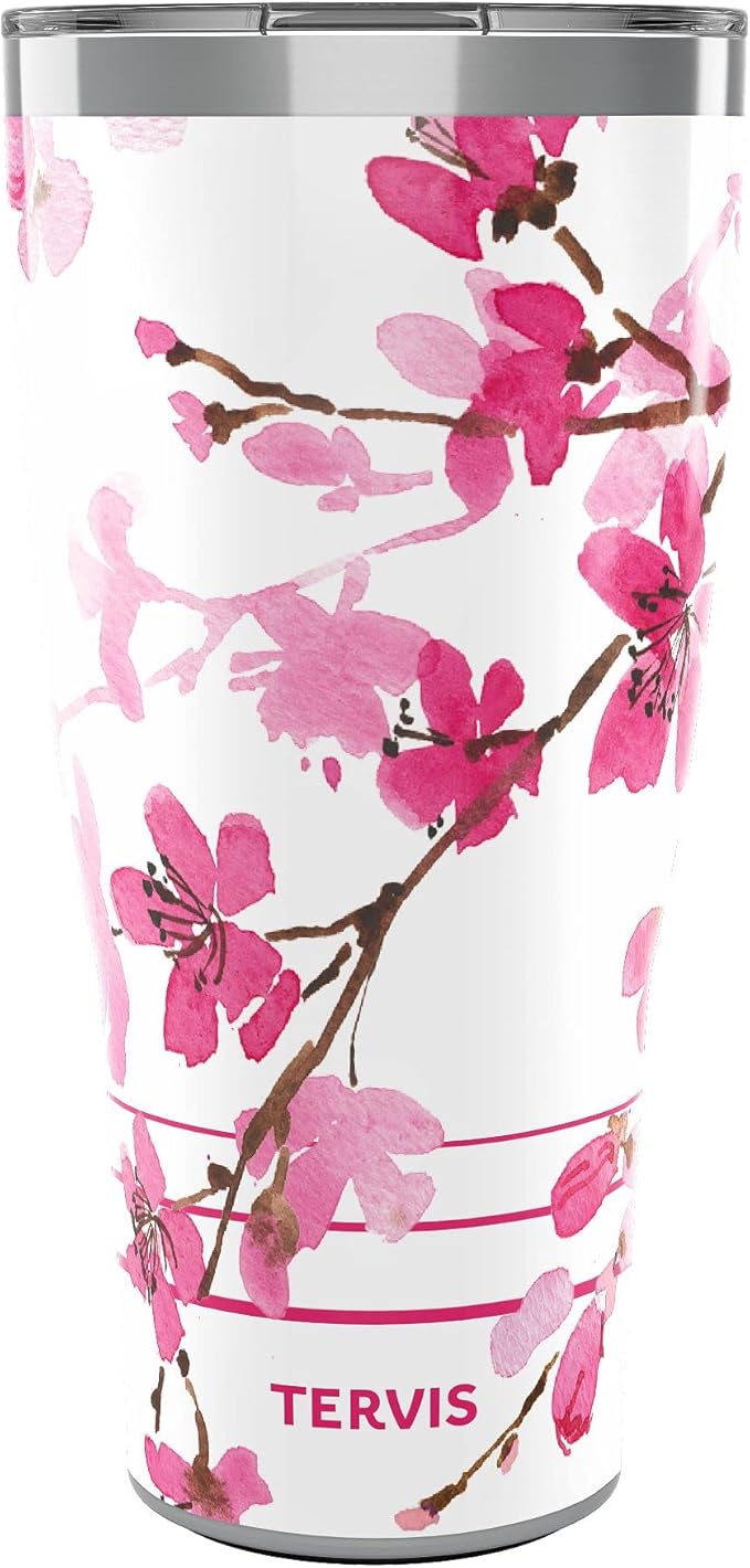 Tervis Traveler Sakura Japanese Cherry Blossom Triple Insulated Tumbler Travel Cup Keeps Drinks Cold & Hot, 30oz, Stainless Steel
