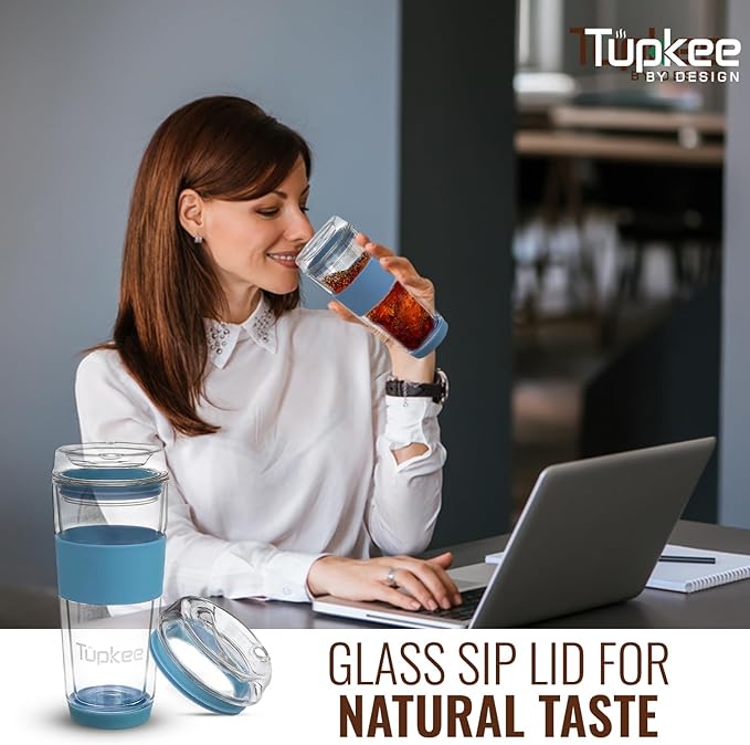 Tupkee Glass Sip Lid Niagara - Replacement Double Wall Glass Tumbler, 14oz & 8oz Hand Blown Travel Mug