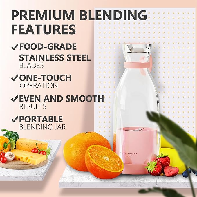 Personal Portable Blender, 350ml USB Rechargeable Smoothie Maker with Stainless Steel Blade, BPA-Free & Easy Clean, Compact Travel Cup for Gym, Office, Home - Pink