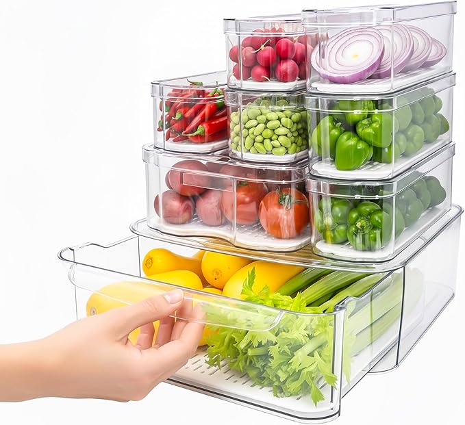 SMRCAD 8 Pack Refrigerator Organizers, Clear Pull-out Drawer Container and Organizer Bins with Lids, Stackable Storage Containers for Fruits, Vegetable (Set of 8 (Include Pull Out Drawer))