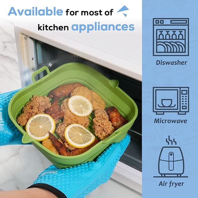 Silicone Air Fryer Liners Square - Reusable Airfryer Collapsible Basket - Easy to Clean Air Fryers Pot for 5.8 to 8 Qt Baking Tray Oven Accessories, 8.5 Inch Large