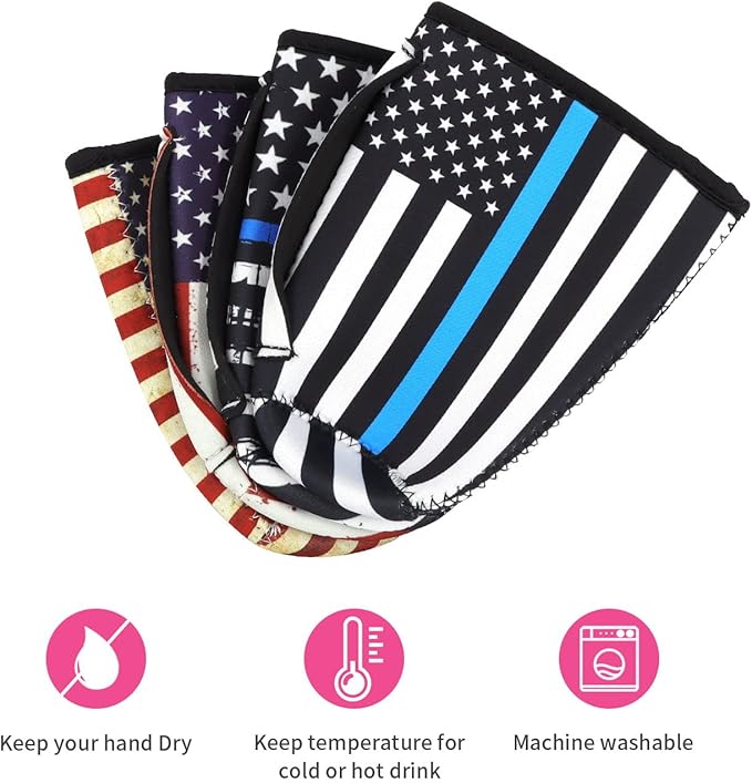 4Pack Reusable Iced Coffee Sleeve Insulator Sleeves for Cold Drinks Beverages, Neoprene Cup Sleeve With Handle for Most Coffee, Fits 30-32oz Large Cups (American Flag with Handle)