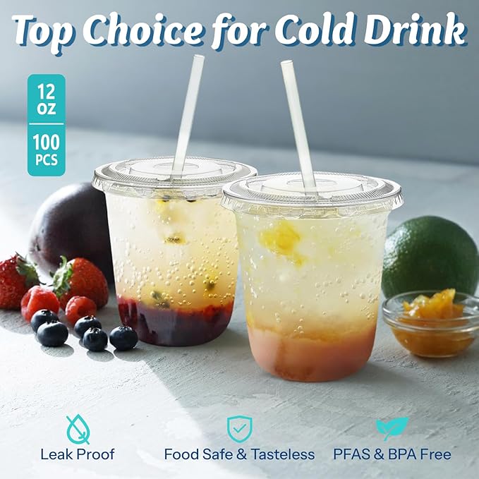Homestockplus 100 Pack 12 oz BPA-Free Clear Plastic Cups with Lids and Straws - Leak-Proof Disposable Straw Cups, Iced Coffee Cups for Kids Drinks, Smoothies & To-Go Cold Beverages