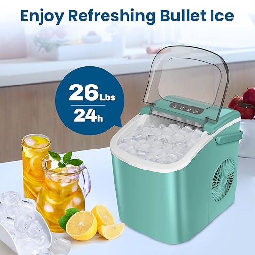 Ice Makers Countertop, Portable Ice Maker Machine with Carry Handle, 26Lbs/24H, Ice Machine Self-Cleaning with Basket and Scoop for Home Kitchen Party,Green