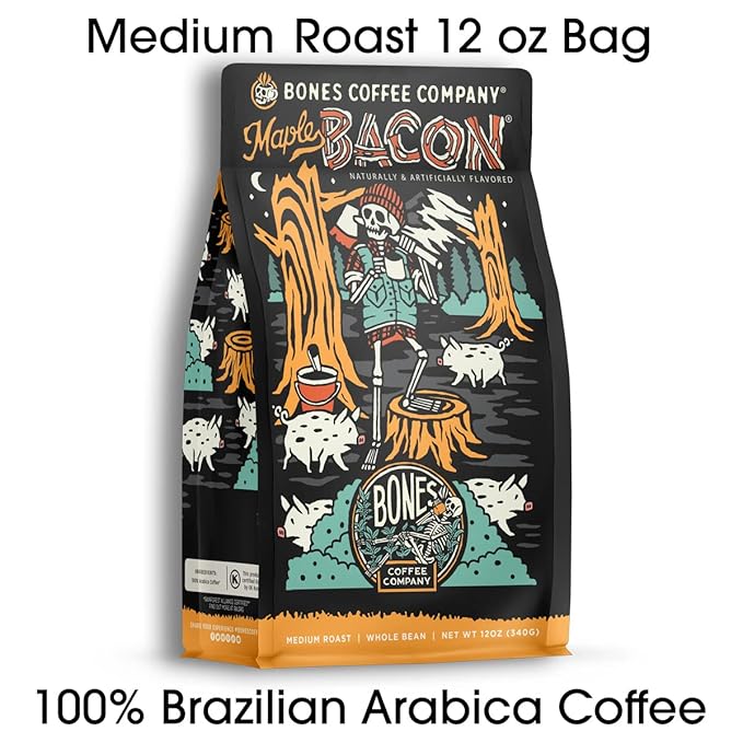 Bones Coffee Company Maple Bacon, Bacon and Maple Syrup Flavored Coffee, Medium Roast Low Acid Arabica Beans Compatible with Auto drip and French Press Coffee Maker, 12 Oz Ground