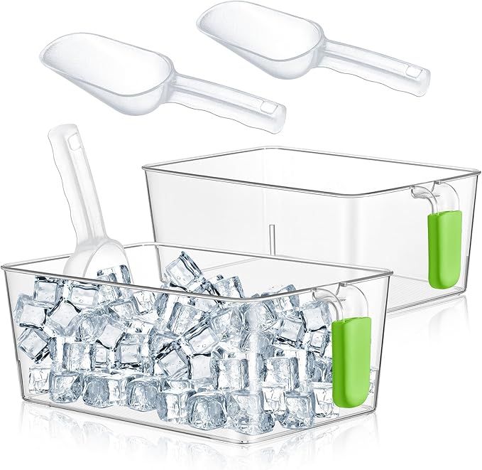 Havawish Ice Storage Bin and Flexible Scoop Set Plastic Freezer Bin with Pull Out Handle Storage Bucket Clear for Container with Scoop(Green,10.83 x 7 x 4.33 in,Classic)
