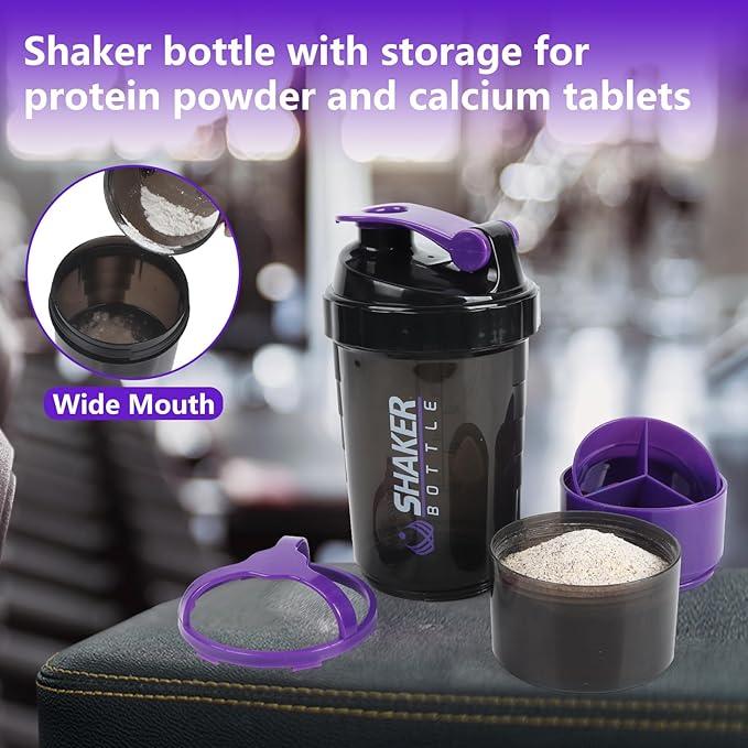 Protein Shaker Bottle,Sports Water Bottle,Leak Proof Shake Bottle For Protein Mixer,Non Slip 3 Layer Twist Off 3oz Cups with Pill Tray,Workout Shaker Bottle 16oz,Purple