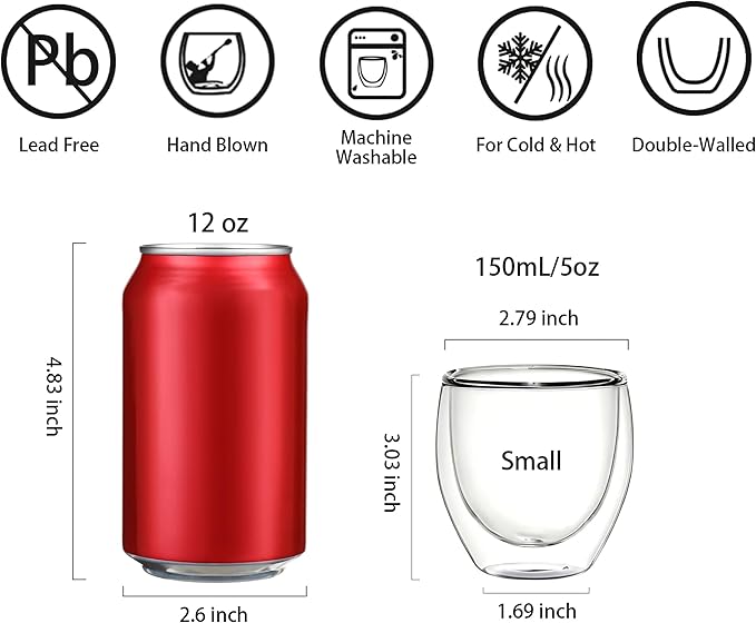 Double Walled Espresso Cups, 5oz Clear Expresso Mugs, Small Insulated Espresso glasses for Coffee Machines, Set of 2
