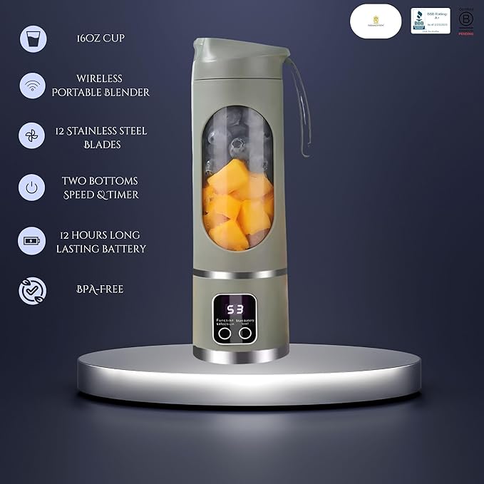 Paramexview® Portable Blender 16oz/500ml for Juices & Smoothies with 12 Stainless Steel Blades | USB Rechargable & 3 Levels Multi-Speed Control | 50W Powered fusion Portable Blender