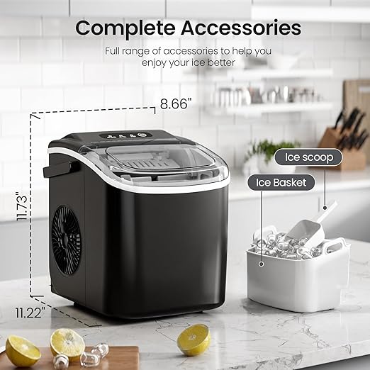 Kismile Countertop Ice Maker with Handle, 26Lbs/Day, 9 Ice Cubes in 6 Mins, Self-Cleaning Portable Ice Machine for Home, Kitchen & Office (Black)