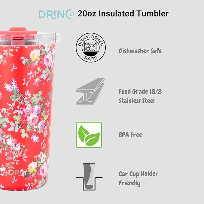 Drinco - 20 oz Stainless Steel Tumbler | Double Walled Vacuum Insulated Mug With Lid, 2 Straws, For Hot & Cold Drinks (20oz Peony Floral)