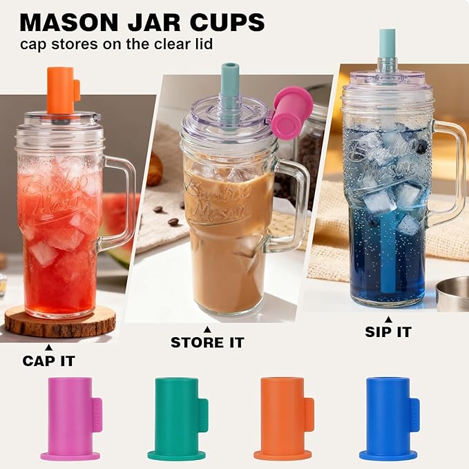 ANOTION Bamboo Mason Leakproof Mason Jar Cups with Lids and Straws, Cap Cup 24oz Glass Tumbler with Handle, Rotating Lid Silicone Straw, Reusable Iced Coffee Matcha Cup Coffee Gifts for Women 2pc
