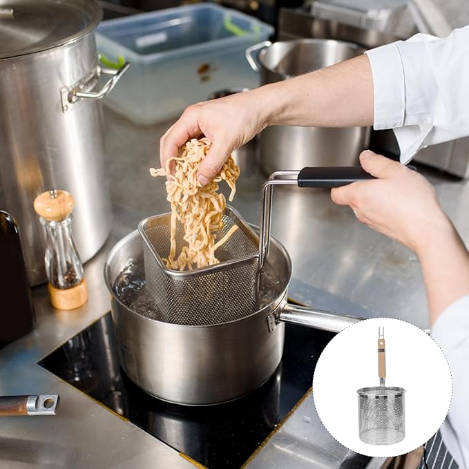 STOBAZA Noodles Strainer Colander Fry Basket Ramen Pasta Basket Stainless Steel Mesh Spider Strainer with Wooden Handle, Fine Mesh Skimmer for Rinsing Straining Boiling Frying
