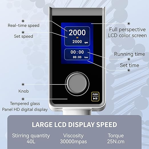 Electric Overhead Stirrer 60L Digital LCD Mixer 100-2000 RPM Variable Speed Lab Stirrer with Timer Stand & Rod for Laboratory