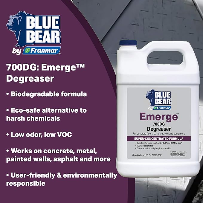 BLUE BEAR 700DG: Emerge Degreaser – Low-Odor, Biodegradable Cleaner Removes Oil, Grease, Dirt & Grime from Concrete, Tile, Wood, Stone & Tools – Safe for Heavy-Duty & Everyday Cleaning – 1 Gal