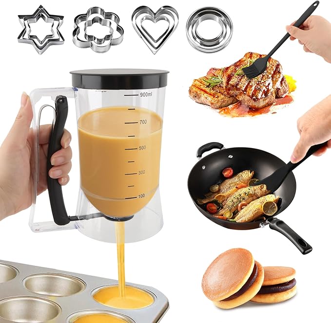 Pancake Batter Dispenser With Squeeze Handle Set, No Mess & Easy Pour, Includes Muffin, Hexagram, Heart and Flower Rings, Pastry Brush and Spatula – Ideal for Pancakes, Waffles and Cupcakes