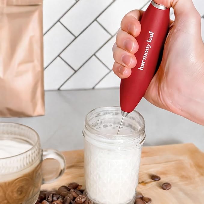 Harmony Leaf Handheld Milk Frother, Stainless Steel Electric Drink Mixer with Stand, Battery Operated Coffee Frother for Lattes, Matcha, Hot Chocolate and More, Red