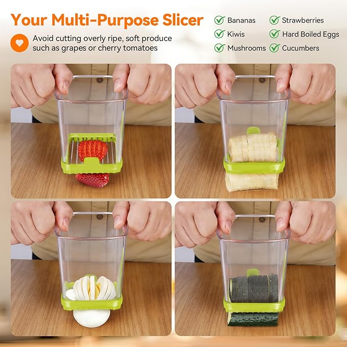 Fruit Slicer Cup for Strawberry, Banana, Hard-Boiled Egg - Detachable Cutter with Push Plate - Rapid & Safe Slicing Kitchen Gadget for Quick Meal Prep (Food green)