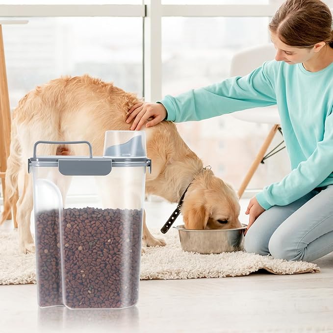 LEAWALK 5-7Lbs Dog Cat Food Storage Container with Upgraded Large Nozzle BPA-free, 4 Snap Seals Plastic Pet Food Storage Containers with Handles (Gray Blue + Red, 5L-2pack)