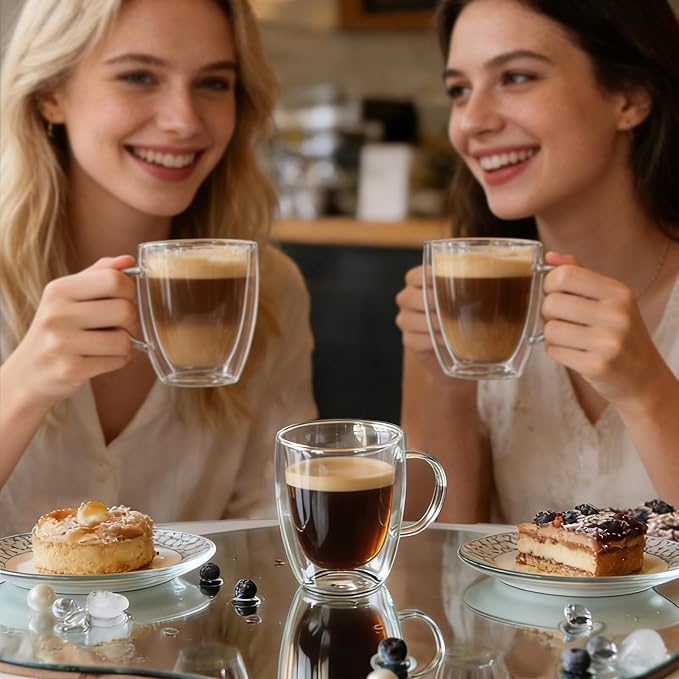 Etolies 6 Pack Double Walled Glass Coffee Mugs with Handle,12oz Borosilicate Glass coffee Cups - Insulated Clear Mugs for Espresso, Cappuccino, Latte, Tea Beverages, Drinking Glasses