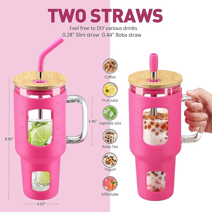 WINSA Glass Tumbler with Straw & Lid, 32 oz Glass Cup with Handle, Water Bottle with Time Marker - Pearl Straw & Silicone Protective Sleeve - Rose Red