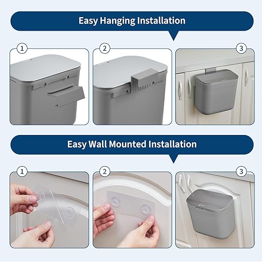 1.8 Gallon/7L Hanging Trash Can with Stainless Steel Lid, Mountable Compost Bin for Kitchen Cabinet Door, Under Sink Food Waste Container for RV, Bathroom, Office