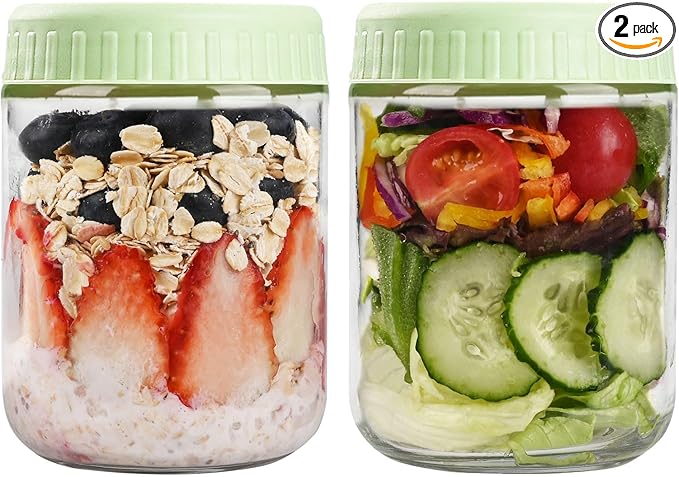 SHOWIN Overnight Oats Containers with Lids, 16oz Glass Jars with Lids 2 pcs, Light Green, Wide Mouth Mason jars for Salad, Yogurt, Snacks, Meal Prep