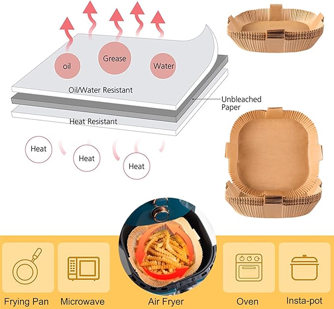 Air Fryer Disposable Paper Liner, Square Parchment Cooking Non-Stick, Baking Roasting Food Grade Paper for Air Fryer, Microwave Oven, Frying Pan, Oil-proof, Water-proof (100PCS 6.3 Inch Natural)