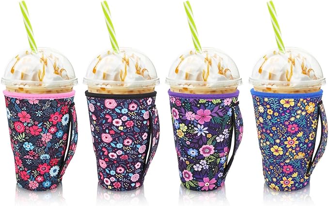 4Pack Reusable Iced Coffee Sleeve Insulator Sleeves for Cold Drinks Beverages, Neoprene Cup Holder for Most Coffee, Fits 30-32oz Large Cups(Flower)