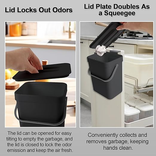 1.3 Gallon/5L Kitchen Compost Bin, Suitable for Countertops or Under Sink, Hanging Hook Trash Can with Lid, Ideal for Cabinets/Bathrooms/Bedrooms/Offices/Camping (Black)