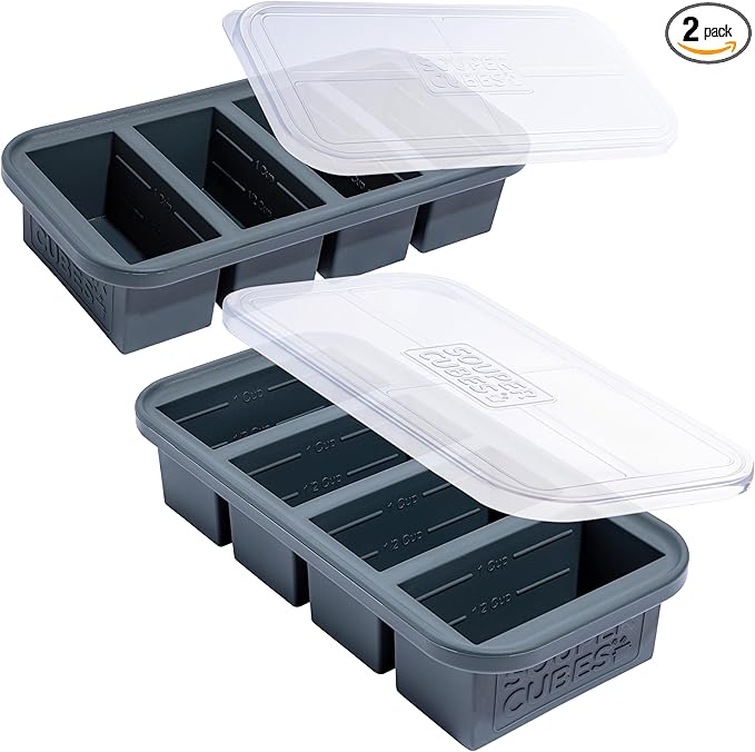 Souper Cubes 1 Cup Silicone Freezer Tray with Lids, Perfect for Storing Broth, Leftovers, Rice, Sauce and More, Silicone Soup Freezer Molds for Meal Prepping - Charcoal - 2-Pack
