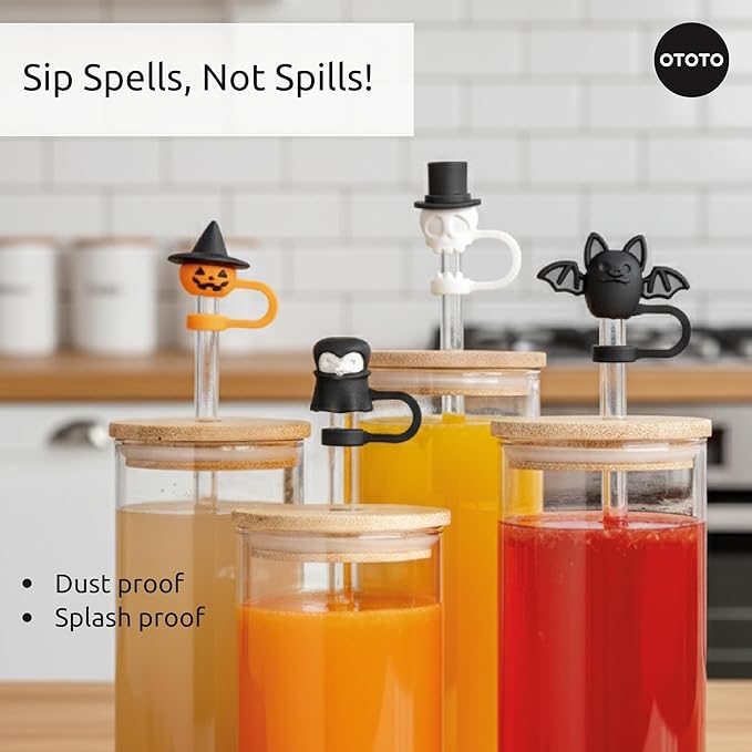 OTOTO Boo Team Straw Toppers Set of 4 - Straw Covers Cap for Tumblers, Covers, Caps for Tumbler Accessories, Cute Water Bottle Accessories, Goth Halloween Spooky Witchy Gifts, Witch
