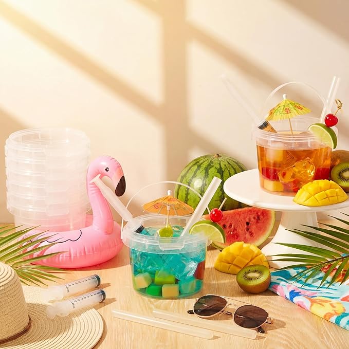 Willinglong 20 Set 16oz Clear Plastic Drink Buckets Rum Buckets for Drink with Straws, Lids and Beverage Syringes Reusable Iced Coffee Cups for Rum Wine Beer Cocktail Beverage Lemonades