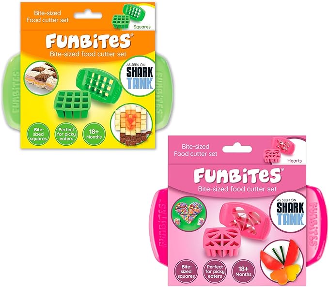 FUNBITES Crustless Sandwich Cutter for Kids Lunch (4-piece set), Uncrustable Sandwich Cutter, Bite-Size Food Cutter for Toddlers, Bento Box Accessories, BPA-FREE Dishwasher Safe, Squares/Hearts 2pk