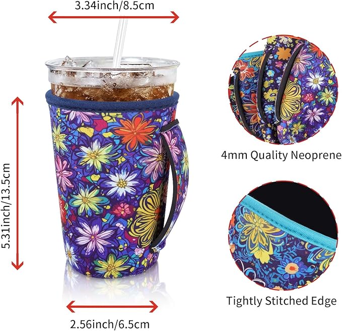 4Pack Reusable Iced Coffee Sleeve Insulator Sleeves for Cold Drinks Beverages, Neoprene Cup Holder for Most Coffee, Fits 22-24oz Medium Cups (Abstract Flowers with Handle)