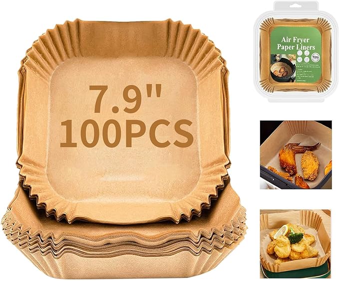 Air Fryer Liners Disposable Square, 100PCS 7.9 INCH Airfryer Liners, Natural Non-stick Parchment Paper for Air Fryer Oil-proof Water-proof, Paper liners for air fryer, Steamer, Baking, Microwave Etc
