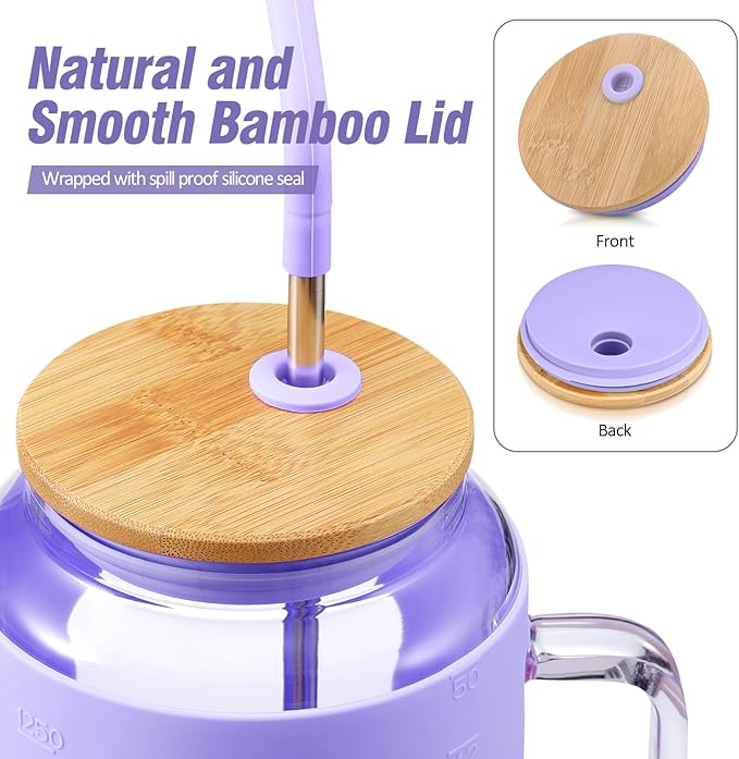 WINSA 50 oz Glass Water Bottles with Silicone Sleeve,Glass Tumbler with Lid and Straw,Iced Coffee Cup with Handle,BPA Free-Purple