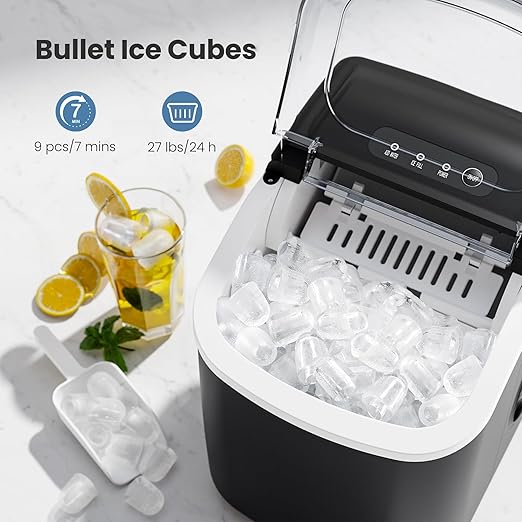 Crzoe Portable Countertop Ice Maker Machine with Handle, 9 Bullet-Shaped Ice Cubes Ready in 6 Mins, 26Lbs/24H, Self-Cleaning Function with Ice Scoop and Basket for Home/Kitchen/Party(Black)