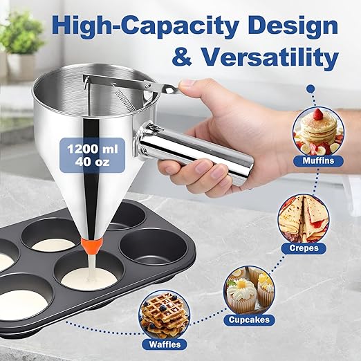 Pancake Batter Dispenser,40oz Stainless Steel Funnel Cake Dispenser,with Lids,Stand,4 Silicone Nozzles,Brush,Egg Beater,Easy Control Batter Dispenser for Pancakes,Cupcakes, Funnel Cakes,Muffins & More