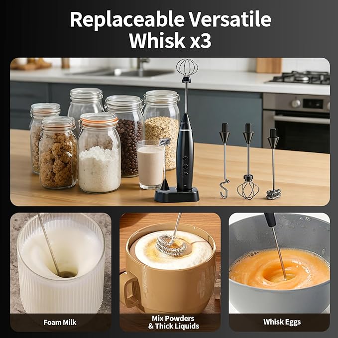3-in-1 Electric Milk Frother with 3 Stainless Steel Whisks, USB Rechargeable Handheld Foam Maker with Charging Stand, 3 Speed Coffee Frother for Latte, Cappuccino, Hot Chocolate