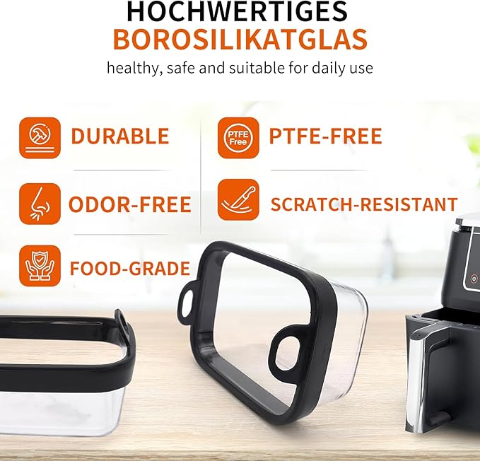 Air Fryer Glass Liner with Removable Silicone Ring, Reusable Liners Compatible for Ninja Foodi DZ201, DZ401, DZ550, COSORI, Chefman, Instant Air Fryer, and 6-in-1 8-10QT AirFryer Baskets