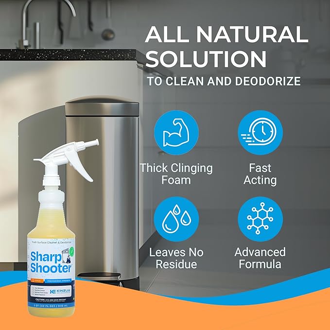 KINZUA ENVIRONMENTAL Sharpshooter, Heavy-Duty Trash Can Odor Eliminator & Degreaser, Garbage Surface Cleaner and Deodorizer Foam, Professional-Grade, Fresh Citrus Scent, 32 oz