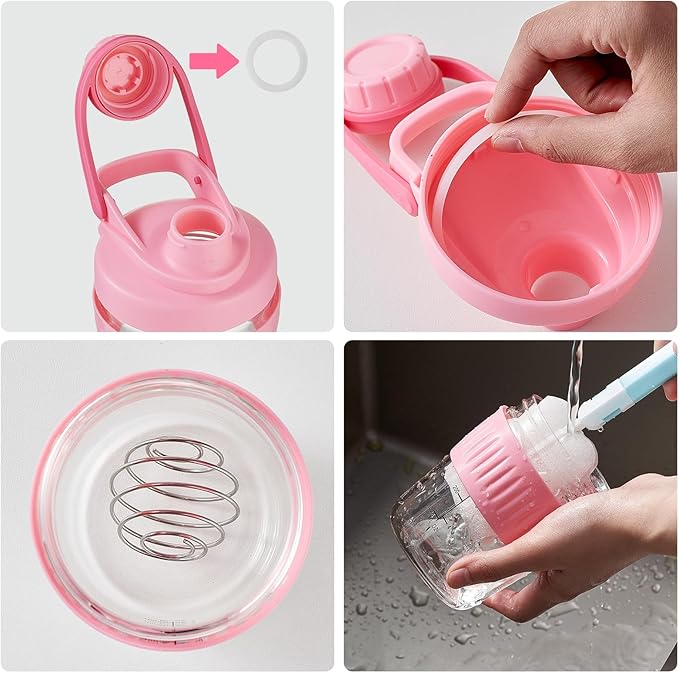 12oz Glass Shaker Bottle for Protein, Small Borosilicate Glass Protein Powder Leak-Proof Shaker Cup Mixes with 304 Blending Ball(12oz,Pink)