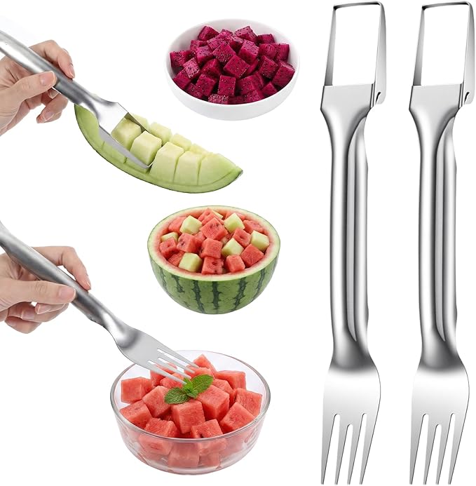 2-in-1 Watermelon Slicer Cutter Tool & Watermelon Scooper, Stainless Steel Fruit Cutter Tool Dual-Head Melon & Mango Slicer Fork for Home, Camping, Parties (2 PCS)
