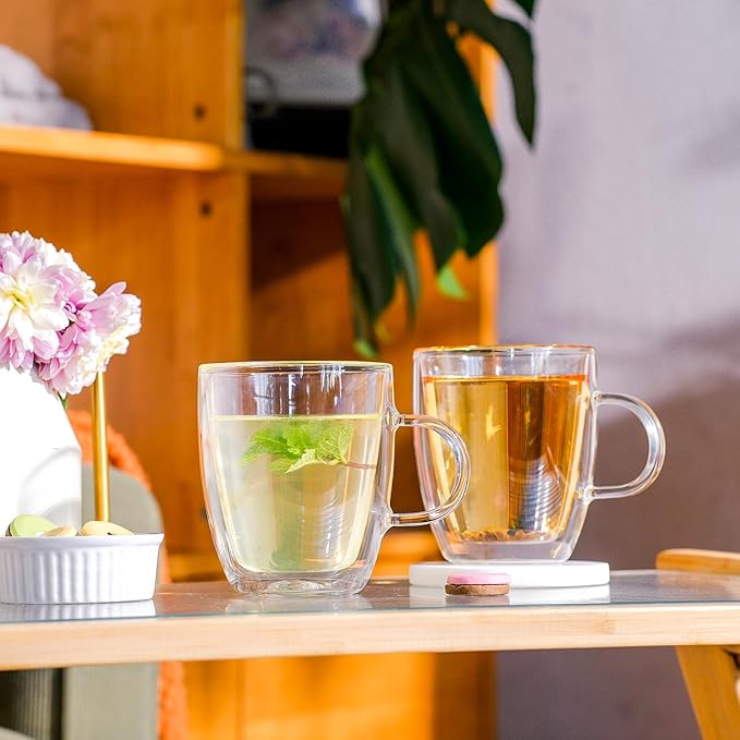 Wlasss Double Wall Insulated Glass Coffee Mugs set of 4-13 oz Clear Hand Blown Glass Coffee Cups with Handle for Cappuccino, Latte,Espresso,Tea Bags,Americano,Beverages, Gifts for Christmas